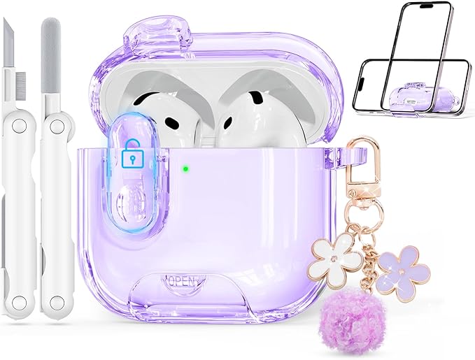Clear Case for AirPods 4 Case Cover with Safety Lock,Soft TPU Cover with Phone Stand & Cleaning Kit,Cute Bling Keychain for Women Girls-Clear Purple