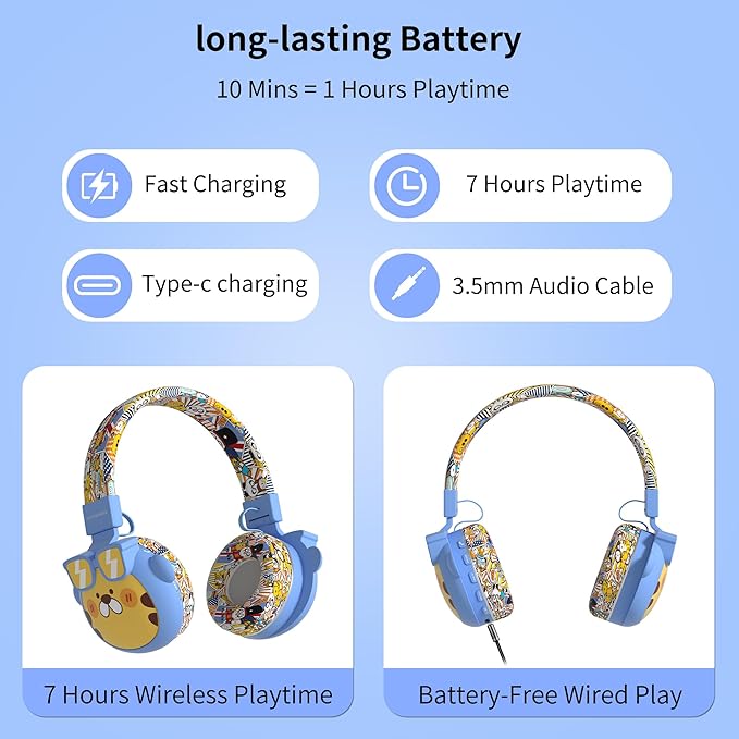 Kids Bluetooth Headphones, 85dB Volume Limit, Ultra-Soft Over-Ear, Built-in Mic, Foldable, Beerus Cartoon Animal Design, Suitable for School & Travel, FM/TF/AUX Supported