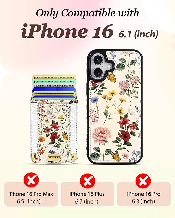 Shorogyt for iPhone 16 Wallet Case - Fits 5 Cards, Compatible with Magsafe Detachable Magnetic Credit Card Holder Leather Cardholder Cute Phone Cover Women Girls for Apple 16, Floral