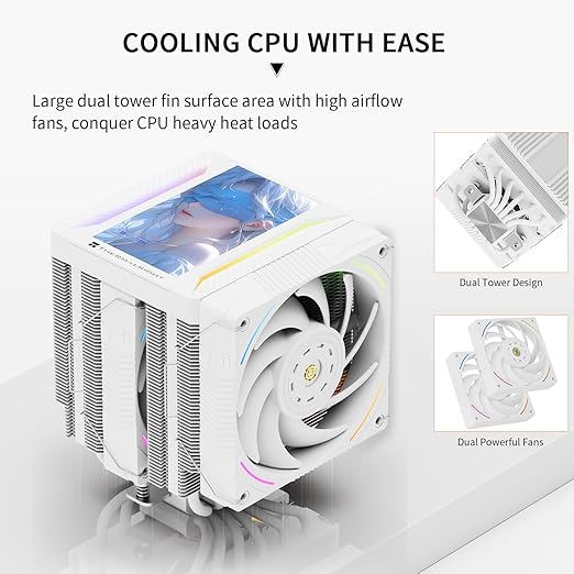 Thermalright Peerless Assassin 120 Vision MAX ARGB White CPU Cooler, PC Heatsink Cooler 6 Heat Pipes, 5’’ Magnetic Display Screen with 480x854 Resolution,for AM4/AM5 and Intel LGA1700/1851