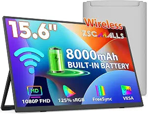 ZSCMALLS Battery Wireless Portable Monitor, 8000mAh 15.6" 1080P IPS USB-C/HDMI Second Screen, Built-in Speakers, Support AirPlay/Miracast for Laptop/Phone/Tablet/Switch/Xbox, Carry Bag Included