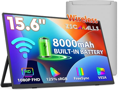 ZSCMALLS Battery Wireless Portable Monitor, 8000mAh 15.6" 1080P IPS USB-C/HDMI Second Screen, Built-in Speakers, Support AirPlay/Miracast for Laptop/Phone/Tablet/Switch/Xbox, Carry Bag Included