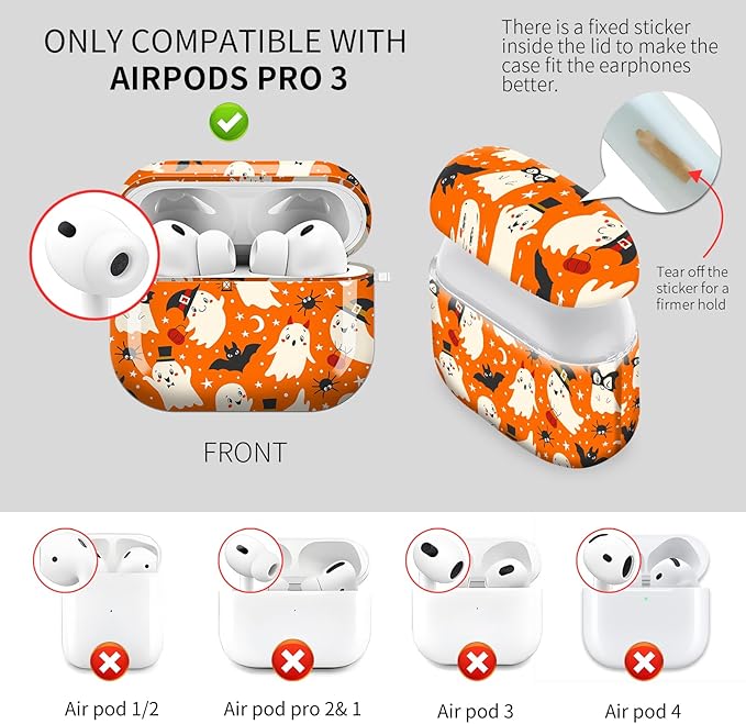 Cute Hard Case Compatible with AirPods Pro 3rd Generation Case (2025), Shockproof Protective Cover with Golden Keychain Ring Clip (Cute Ghosts Bats)