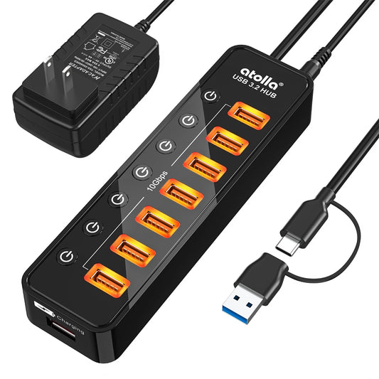 Powered USB Hub 3.2, atolla 8-Port USB 3.2/USB C Hub, Powered USB C Hub with 7 USB-A 10Gbps ports +1 Smart Charging port, Individual On/Off Switches, LEDs, 20W Power Adapter for PC