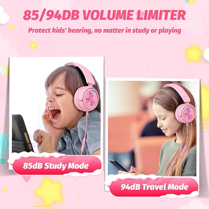 Kids Headphones with Cord for School, 85/94dB Volume Limit Headphones for Kids, Portable Wired Headphone with Shareport, Stereo Sound Foldable Headset for School/Tablet/iPad/Kindle (Pink)