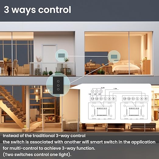 WiFi Smart Wall Light Switch, 3 Way Multi-Control, 2.4GHz Wi-Fi Touch Switch, Neutral Wire Required, Adapt with Smart Life/Tuya App, Compatible with Alexa and Google Home, Black 3 Gang