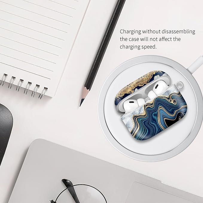 Compatible with Airpod pro 2nd/1st Generation Case Cover with Gold Round Keychain Cute Pattern Hard & Anti Slip Cover for Men Women & Girls（Blue and Gold）