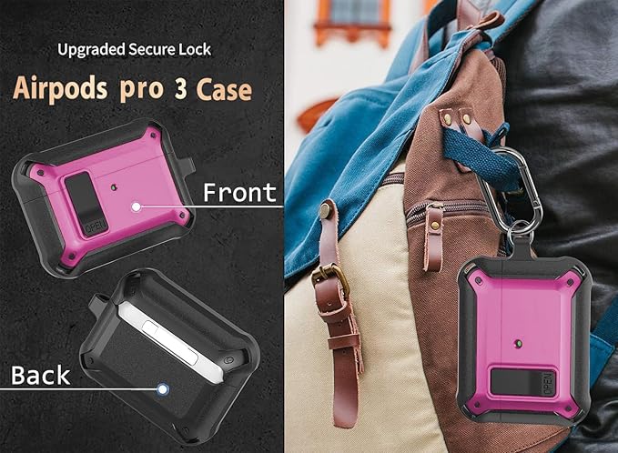 for Airpods Pro 3 Case with Magnetic Automatic Lock, Rugged Apple Airpod Pro 3rd Generation Cover 2025, Armor Shockproof iPod Pro3 Gen Protective Shell with Carabiner&Cleaner kit, Black/Magenta