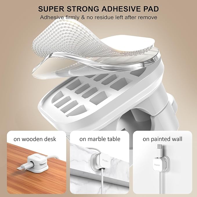 White shelf with adhesive pad on a beige background, showing its use on different surfaces.
