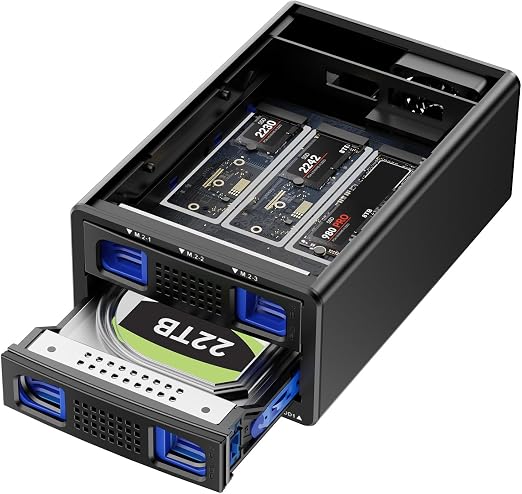 CENMATE Hybrid 2.5/3.5" SATA HDD/SSD+3* M / B+M Key M.2 NVMe Enclosure with Cooling Fan and USB A/C 3.2 Gen 2 (10Gbps), Hard Drive Enclosure Support 22TB HDD+3*8TB 2230/2242/2260/2280/22110 SSDs