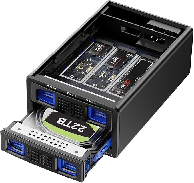 CENMATE Hybrid 2.5/3.5" SATA HDD/SSD+3* M / B+M Key M.2 NVMe Enclosure with Cooling Fan and USB A/C 3.2 Gen 2 (10Gbps), Hard Drive Enclosure Support 22TB HDD+3*8TB 2230/2242/2260/2280/22110 SSDs