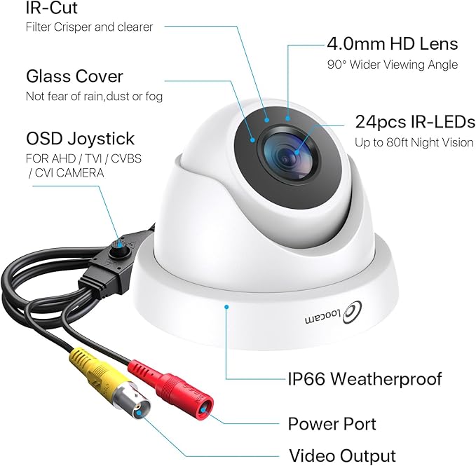Loocam Security Camera 1080p HD 1920TVL, Hybrid 4-in-1 CVI/TVI/AHD/CVBS Dome Wired Camera, 80ft IR Night Vision, IP66 Weatherproof for CCTV DVR Surveillance Camera System Outdoor Indoor