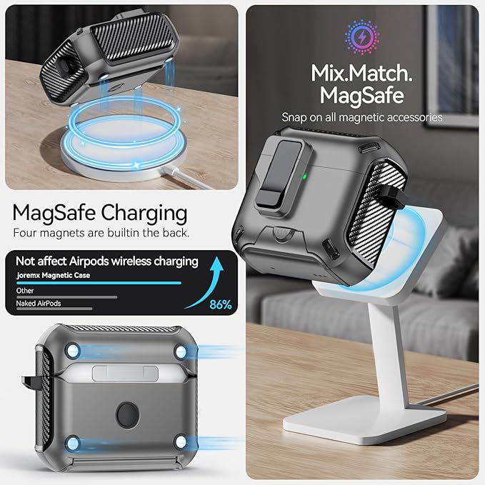 for AirPods 4 Case (2024) with Phone Stand,（with Automatic Snap Switch） Carbon Fiber Design Protection Cover with Cleaning Pen,Gray