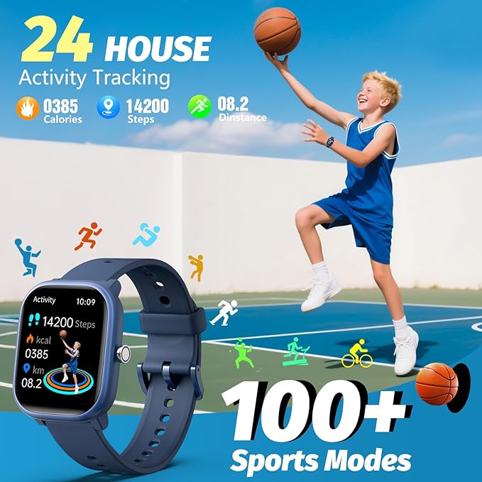 Kids Wach for Girls Boys 6-15 Year Old - Smart Watch for Kids 1.8" Fitness Tracker,No Phone needed,Pedometer Sleep Monitor Heart Rate Waterproof,Puzzle Game for Girls Boys Teens Birthday Gift (Blue)