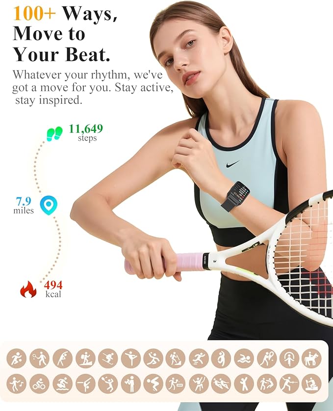 Fitness Tracker Watch for Women Men, Step Counter Compatible with iPhone Android, IP68 Waterproof Activity Tracker with Sleep Monitor, 110+ Sports Pedometer (Minimalist, ObsidianBlack, 1.57)