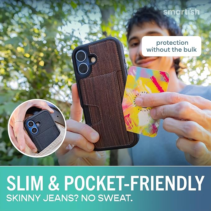 Smartish® iPhone 17 Wallet Case - Wallet Slayer Vol. 2 [Slim + Protective] Credit Card Holder w/Kickstand - Drop Tested Hidden Card Slot Cover for Apple iPhone 17 - Walnut Woods