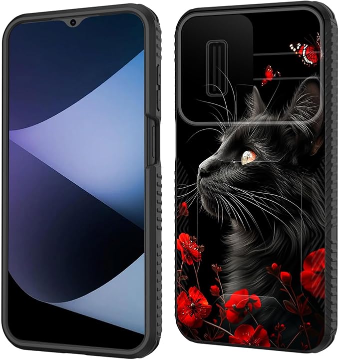 for Galaxy A15 5G Case Built in Slide Camera Lens Cover,Heavy Duty Shockproof Protection Dual Layer Case for Samsung Galaxy A15 5G 6.5 inch 2024,Black Cat Flowers and Butterflies