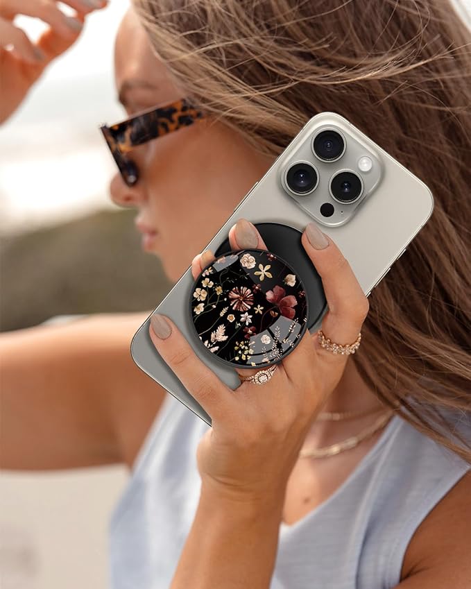 Kidcube Magnetic Phone Grip Compatible with Magsafe - Cell Phone Grip Stand Magnetic Ring Holder Finger Kickstand for iPhone 17 16 15 14 13 12 Series Magnet Removable Accessories Cute Black Flower