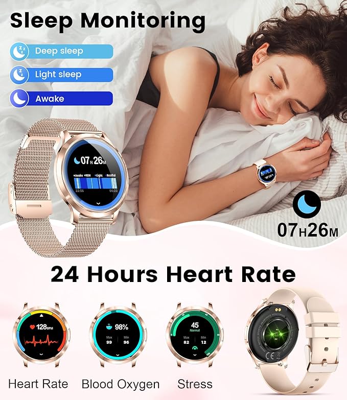DREMAC Smart Watch(Make Call/Thin),1.32'' Amoled Curved Display for Android iPhone,Smart Watches for Women with Heart Rate Monitor,Sleep Monitor,Pedometer,IP68 Waterproof Fitness Tracker,Rose Gold
