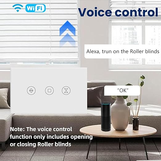 Smart Roller Shutter Switch Neutral Wire Required,2.4GHz WiFi Roller Shutter Switch with Remote Voice Control, Tempered Glass Panel, Work with Alexa and Google Home, White WiFi-Roller Shutter