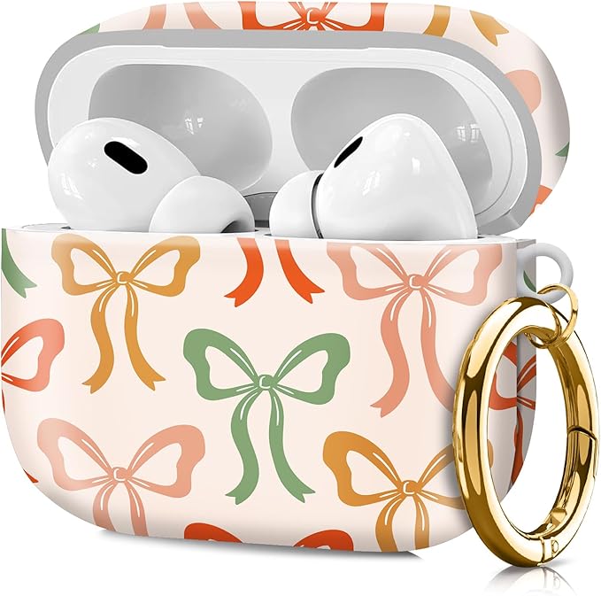 Compatible with Airpod pro 2nd/1st Generation Case Cover with Gold Round Keychain Cute Pattern Hard & Anti Slip Cover for Men Women & Girls（Colored Bow）