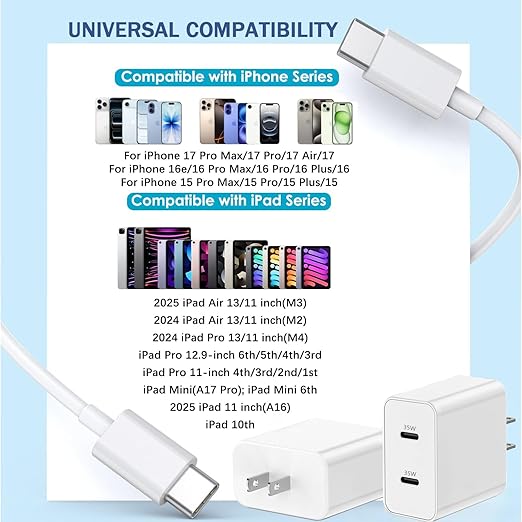 iPhone 17 Pro Max Charger Fast Charging,2-Pack 35W Dual Port USB C Fast Charger Block, 3.0 PD Quick Adapter &【Apple MFi Certified】 Extra Long 10FT 60W USB C to C Cable for iPhone 17/17 Pro/Air/16E/15