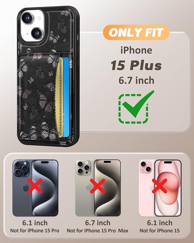 for iPhone 15 Plus Case with Wallet - Fits 4 Card Slots, Compatible with MagSafe for Women Aesthetic PU Leather Credit Card Holder Kickstand Phone Cover for Apple 15 Plus, Black Butterfly