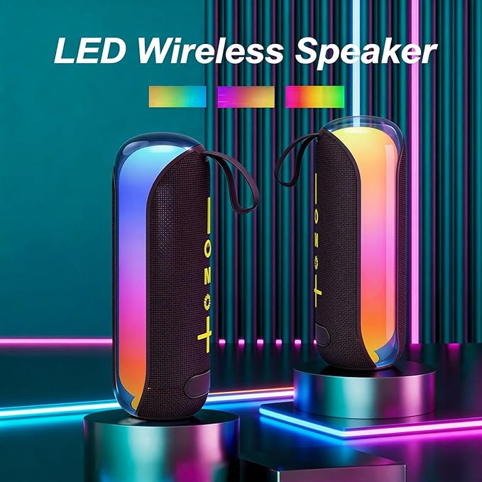 T&G Portable Bluetooth Speaker with Colorful Lights, 24W Loud Wireless Stereo Sound, IPX4 Waterproof, Outdoor Party Speaker, TWS Pairing, 15H Playtime, Great for Outdoor/Home/Party/Beach