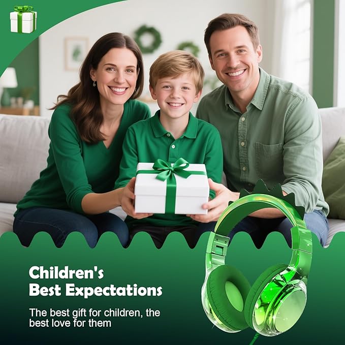 QearFun Kids Dinosaur Headphones Wired with Mic, 85/94dB Safe Volume Limit, Sparkly Wired Headset, Foldable, Sharing Port & Tangle-Free Cord for School, Chromebook, Tablet, Travel, Boys & Girls