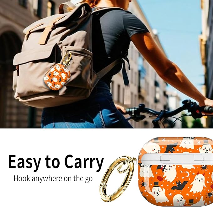 Cute Hard Case Compatible with AirPods Pro 3rd Generation Case (2025), Shockproof Protective Cover with Golden Keychain Ring Clip (Cute Ghosts Bats)