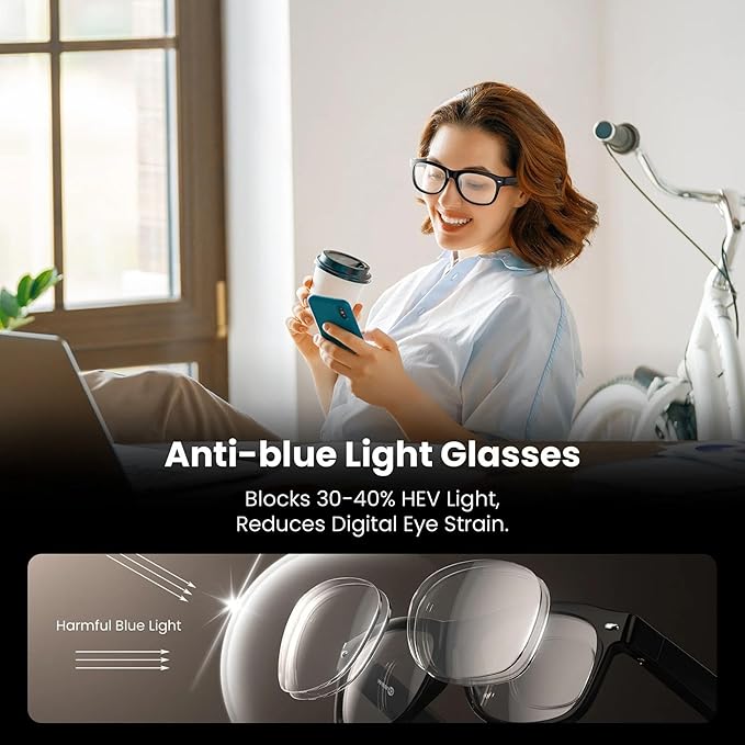 EH95 LLC WeariQ Bluetooth Smart Glasses with Open Ear Speakers, Hands-Free Voice Control, Built-In Microphone, Blue Light Blocking Safety Lenses, Lightweight Unisex Design