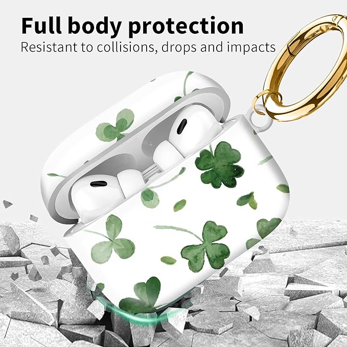 Compatible with Airpod pro 2nd/1st Generation Case Cover with Gold Round Keychain Cute Pattern Hard & Anti Slip Cover for Men Women & Girls（Green Leaves）