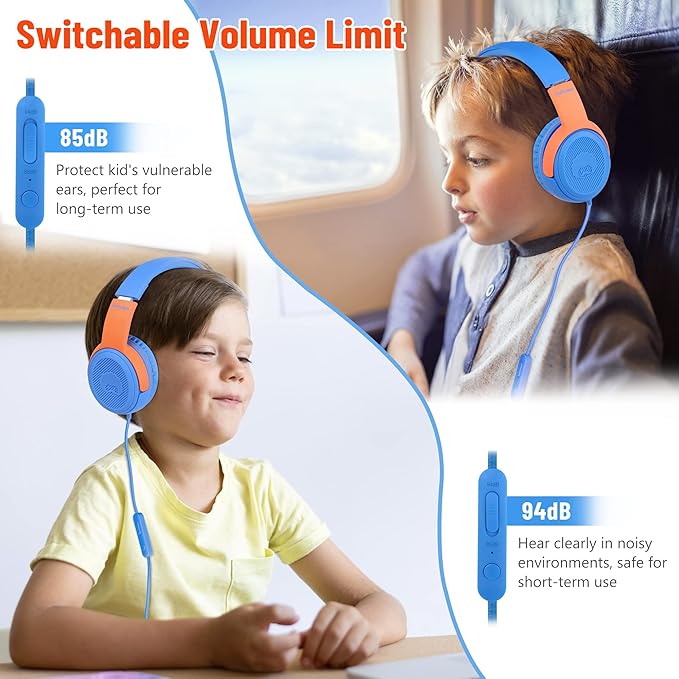 rockpapa Share 1 Kids Headphones Wired with Microphone & Share Port, 85dB/94dB Volume Limited, Cute Foldable Student Child Boys Girls Headphones for School/Classroom/Travel Blue/Orange
