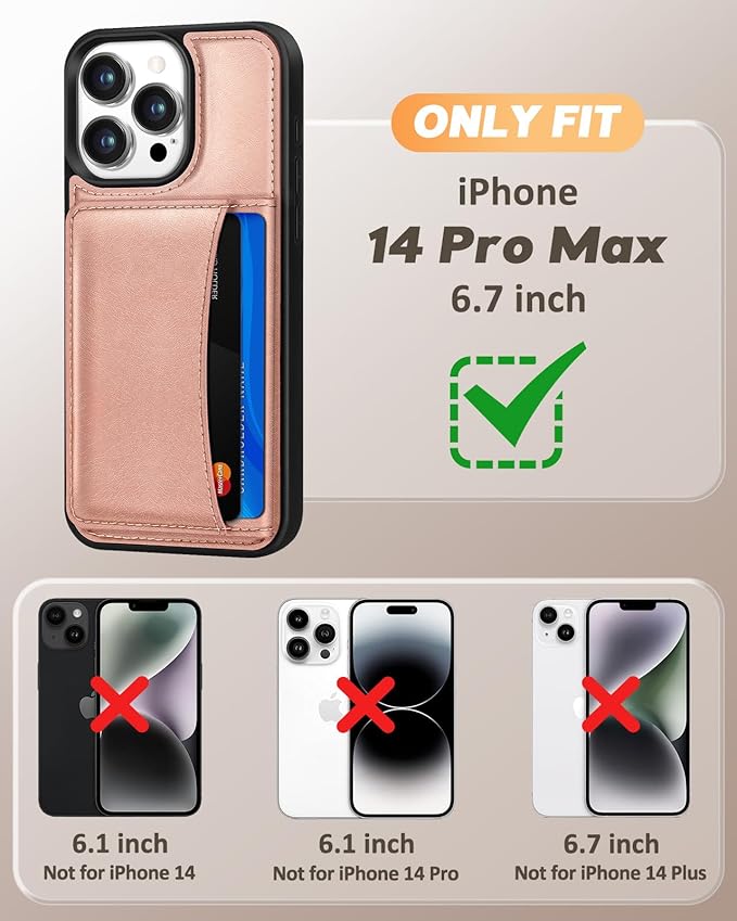 for iPhone 14 Pro Max Case with Wallet - Fits 4 Card Slots, Compatible with MagSafe for Women Aesthetic PU Leather Credit Card Holder Kickstand Phone Cover for Apple 14 Promax, Rose Gold