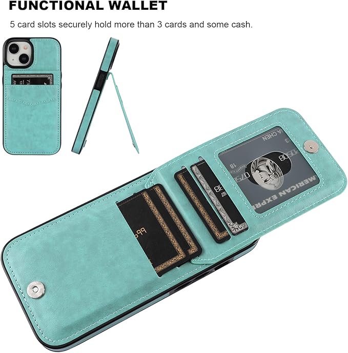 KIHUWEY Compatible with 15 Case Wallet with Credit Card Holder, Flip Premium Leather Magnetic Clasp Kickstand Heavy Duty Protective Cover for 15 6.1 Inch (Mint Green)