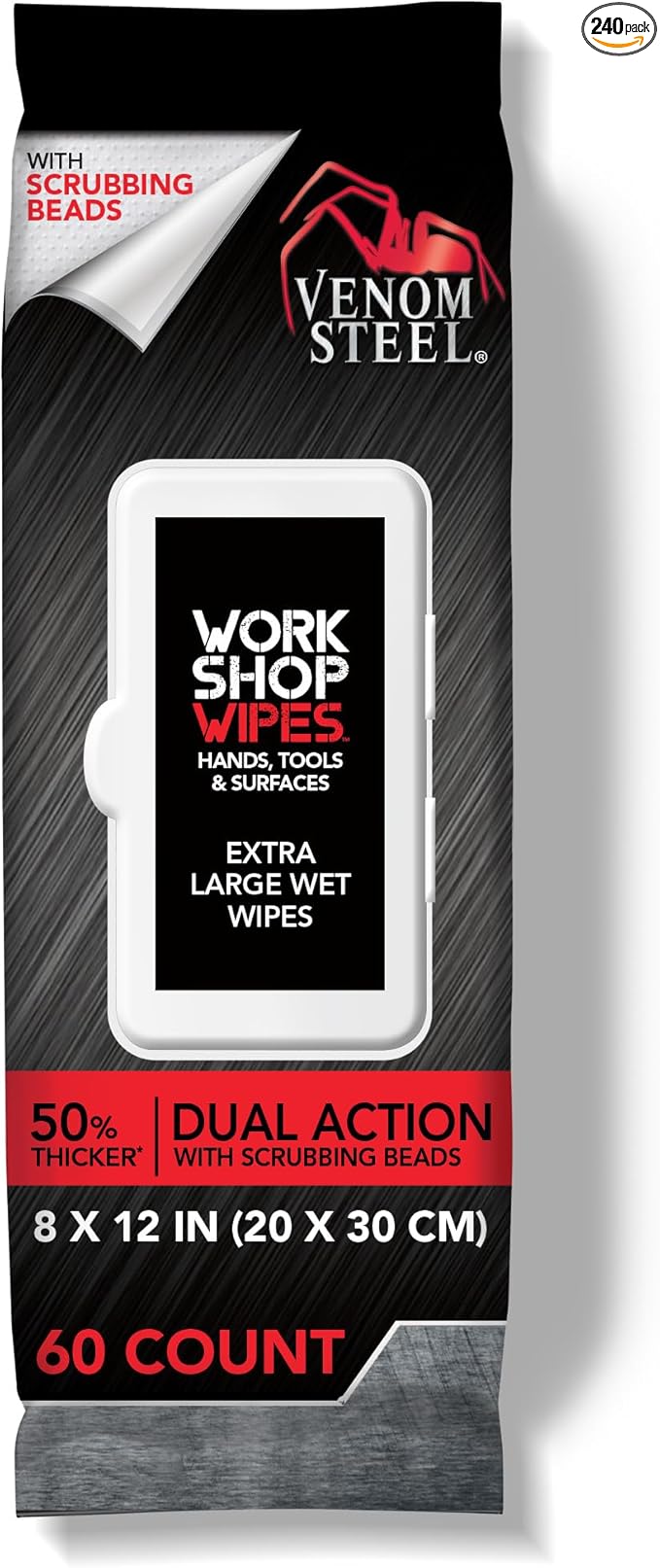Venom Steel Workshop Wipes with Scrubbing Beads, for Grease, Grime, Oil, Paint & Caulk, Safe on Hands, Tools, Non Porous Surfaces & Stainless Steel - Light Citrus Scent, 8" x 12" Cloths, 240 Wipes
