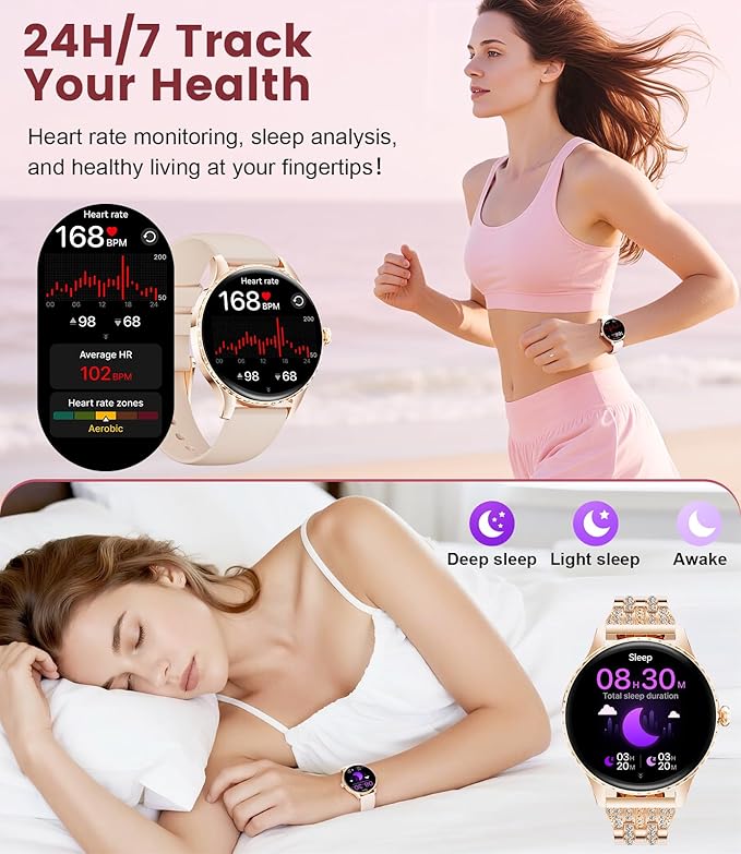 Smart Watches for Women with 1.32" AMOLED Display, Bluetooth Calling, 121 Sports Modes, Heart Rate & Sleep Monitor, Fitness Tracker, IP68 Waterproof, 2 Bands, Compatible with Android iOS