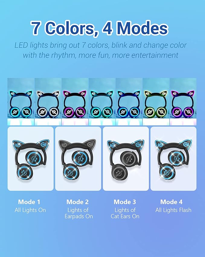 Cat Ear Bluetooth Headphones with Microphone, LED Light Up Over Ear Headphones, Volume Control and Foldable Headset for Tablet/PC/iPad/Cell Phones, Gift for Kids Boys & Girls
