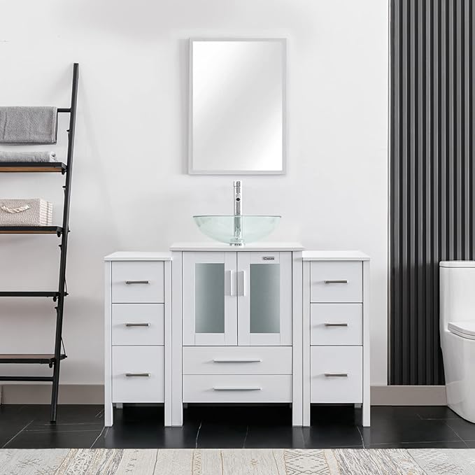 eclife 48" Modern Bathroom Vanity Sink Combo Freestanding Cabinet with Small Side Cabinet, Clear Round Glass Vessel Sink, Water Save Faucet, Drain (White+A16)