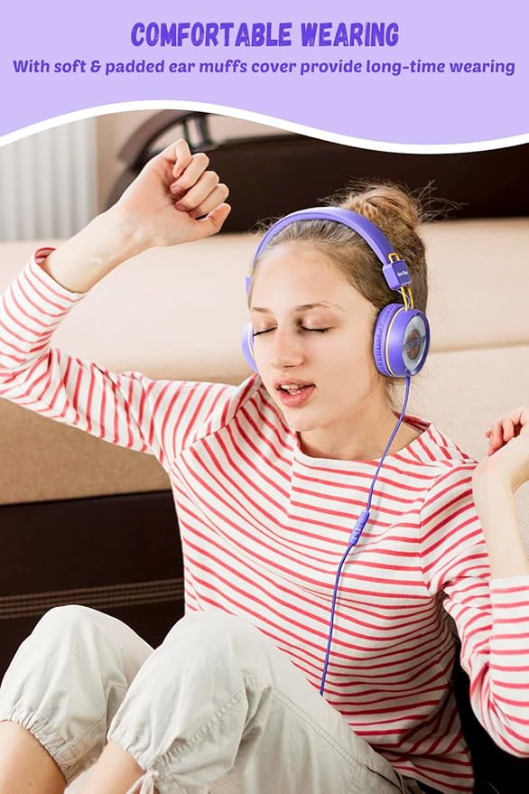 New bee Kids Headphones for School with Microphone KH20 HD Stereo Safe Volume Limited 85dB/94dB Foldable Lightweight On-Ear Headphone for PC/Mac/Android/Kindle/Tablet/Pad (Purple)