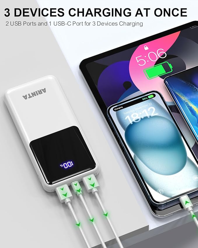 Power Bank Portable Charger 10000mAh PD 22.5W, Slim Battery Pack with LED Display & USB-C Input/Output, Compatible for Smartphones, Tablets,Travel Essentials. (White)