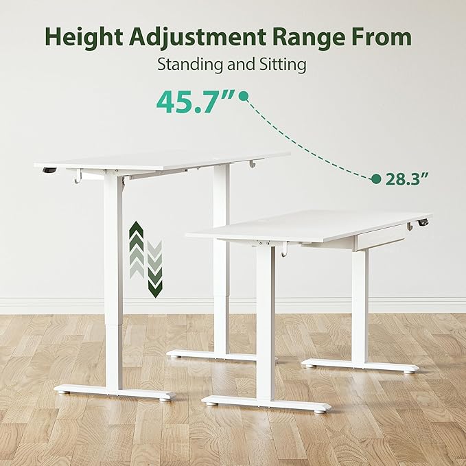 Agilestic Electric Standing Desk with Integrated Drawer, Height Adjustable Desk, Ergonomic Rising 48"x24" Wooden Desk, Sit-Stand Workstation with Memory Presets for Work Home Office, White