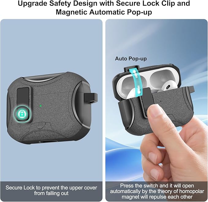 for Airpods Pro 3 Case,Safety Lock&Phone Stand for Airpods Pro 3rd Generation Case Cover,Magsafe Compatible,Auto Pop-up,Military-Grade Protection with Carabiner&Cleaning Pen-Black+Furry Grey