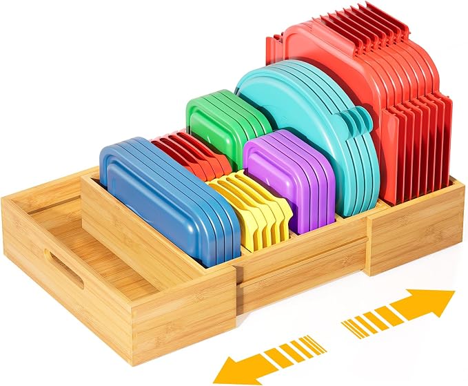Kiasthome Expandable Bamboo Lid Organizers Inside Cabinet, Kitchen Cabinet Organizers with 3 Adjustable Dividers, Storage Plastic Lids, Food Container Lid Holder Organizer for Drawer Pantry, Nature