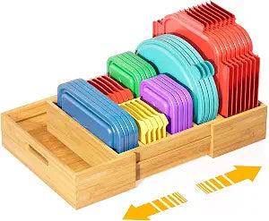 Kiasthome Expandable Bamboo Lid Organizers Inside Cabinet, Kitchen Cabinet Organizers with 3 Adjustable Dividers, Storage Plastic Lids, Food Container Lid Holder Organizer for Drawer Pantry, Nature