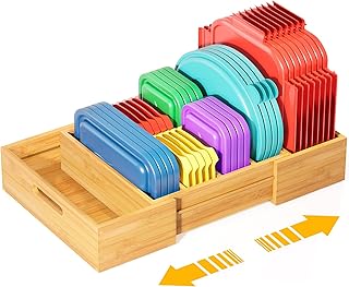 Kiasthome Expandable Bamboo Lid Organizers Inside Cabinet, Kitchen Cabinet Organizers with 3 Adjustable Dividers, Storage Plastic Lids, Food Container Lid Holder Organizer for Drawer Pantry, Nature - Image 1