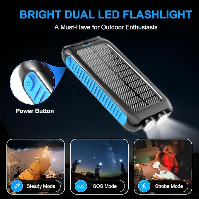 Solar-Charger-Power-Bank-49800mAh Portable Solar Phone Charger with LED Flashlight/15W Fast Charge USB C Waterproof External Backup Battery Pack for All Cell Phones & Electronic Devices