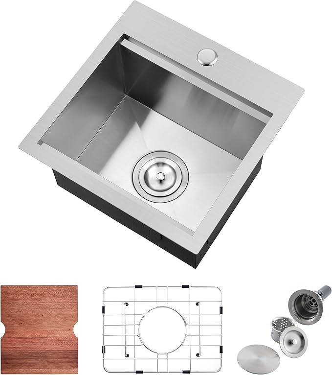 15 Stainless Steel Kitchen Bar Sink, Doirteal 15x15x9 Inch Single Bowl Drop in Workstation Kitchen Sink, Top Mount 15 Inch Small Bar Sinks Outdoor Wet Bar Prep Sinks With Accessories BL81-1
