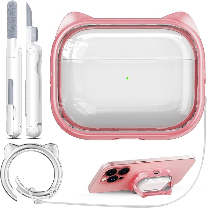 RFUNGUANGO AirPods Pro Case for Women Girly Cat Case with Lock, Phone Stand, Keychain & Cleaner Kit, Compatible with Apple Airpods Pro 2nd/1st Generation Case Cover, Transparent Pink