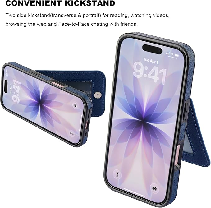KIHUWEY Compatible with iPhone 17 Case Wallet with Credit Card Holder, Flip Premium Leather Magnetic Clasp Kickstand Heavy Duty Protective Cover for iPhone 17 6.3 Inch (Lichee Blue)